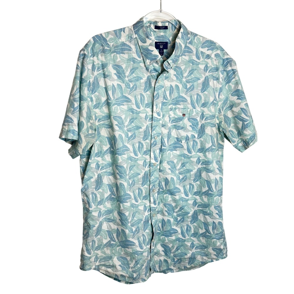 Gant Mens XL Blue Green Leaf Print Regular Fit Short Sleeve Button Down Shirt